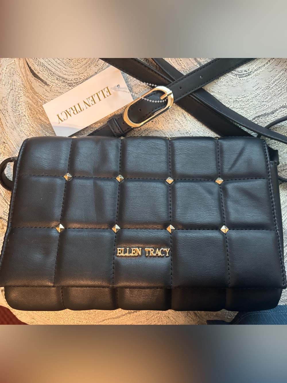 Ellen Tracy Black Quilted Crossbody with Gold Studs